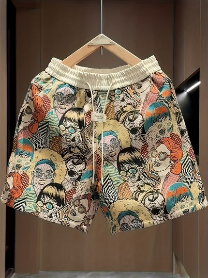 Men's relaxed wide leg shorts with colorful graphic print featuring illustrated faces and patterns
