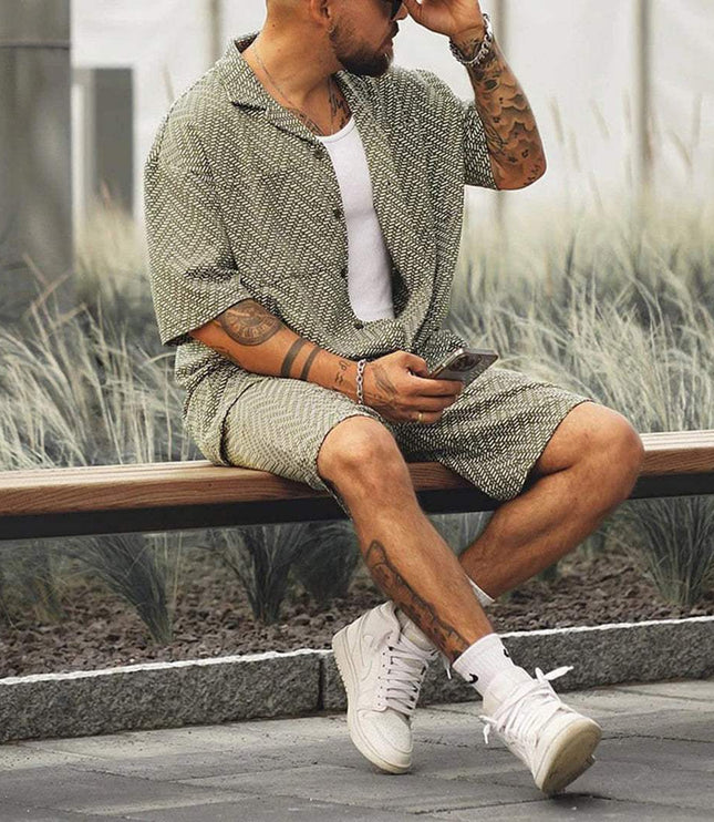 Ensemble d'été pour homme en deux pièces à manches courtes avec motif vert