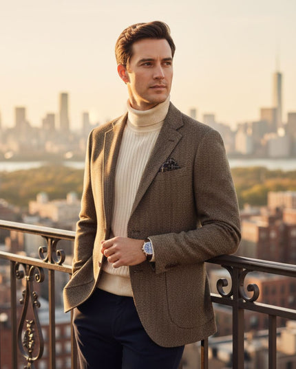 Tan herringbone tweed blazer with cream turtleneck on rooftop setting