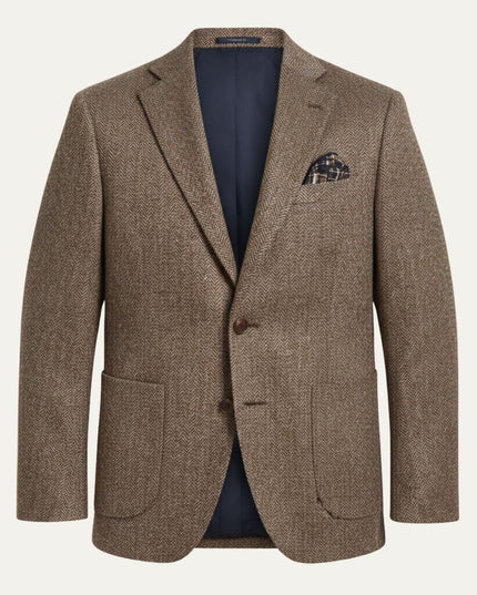 Tan herringbone tweed single-breasted blazer with brown buttons and navy lining