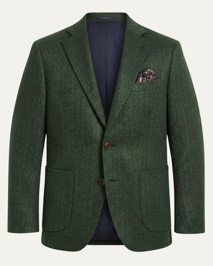 Green herringbone tweed single-breasted blazer with brown buttons and plaid pocket square