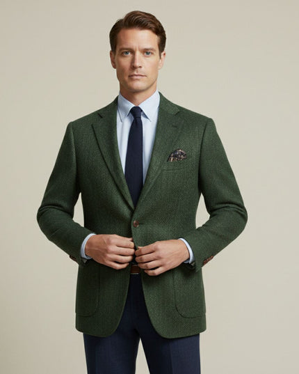 Green herringbone tweed blazer front view with tailored fit and navy lining