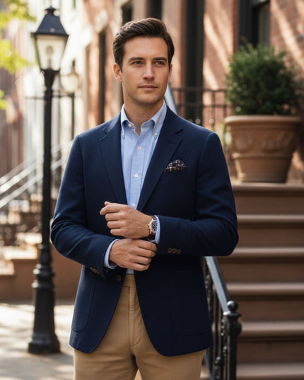 Navy blazer styled with light blue shirt on urban street background