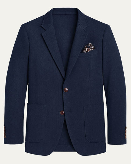 Navy herringbone tweed single-breasted blazer with brown buttons and pocket square