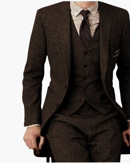 Brown herringbone tweed three-piece wedding suit with fitted silhouette and button vest for men