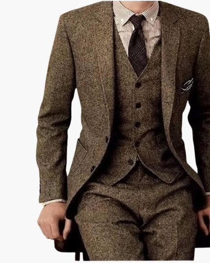 Tan herringbone tweed three-piece formal suit with notch lapel blazer and tailored pants for men