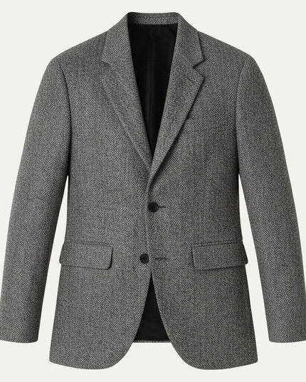 Gray herringbone wool tailored blazer with notched lapels front view