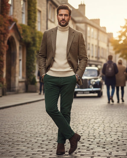 Tan herringbone wool blazer with cream turtleneck and green pants