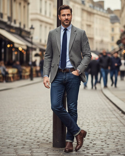 Gray herringbone wool blazer with light blue shirt and navy tie