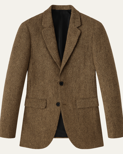 Tan herringbone wool tailored blazer with notched lapels and black buttons