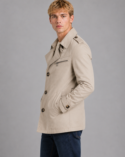 Men's Hip-Length Zip Chest Pocket Trench Coat