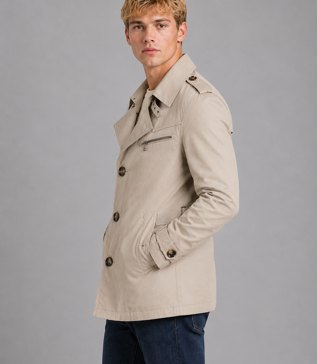 Men's Hip-Length Zip Chest Pocket Trench Coat