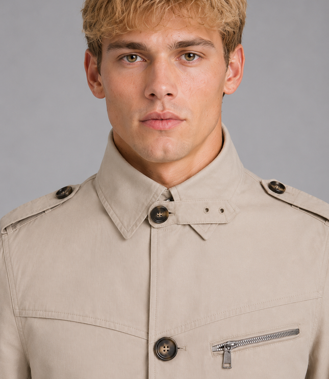 Men's Hip-Length Zip Chest Pocket Trench Coat