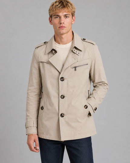 Men's Hip-Length Zip Chest Pocket Trench Coat