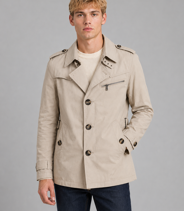 Men's Hip-Length Zip Chest Pocket Trench Coat