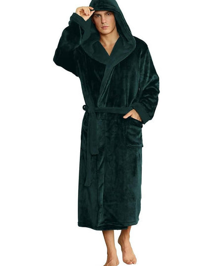 Men's Hooded Plush Dressing Gown with Patch Pockets