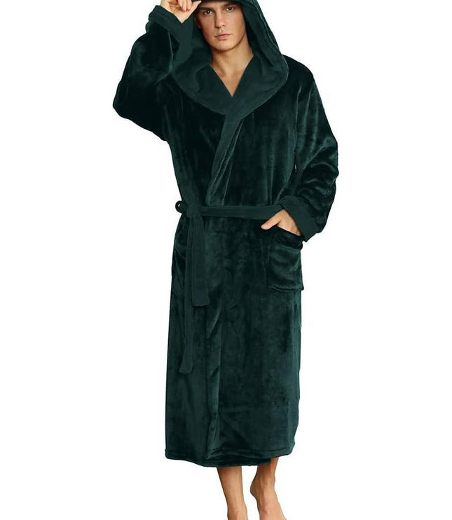 Men's Hooded Plush Dressing Gown with Patch Pockets