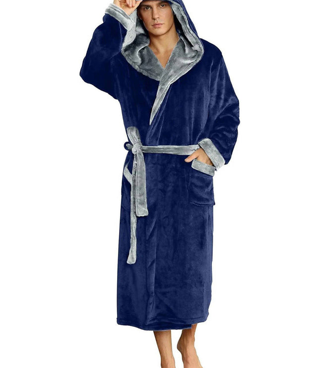 Men's Hooded Plush Dressing Gown with Patch Pockets