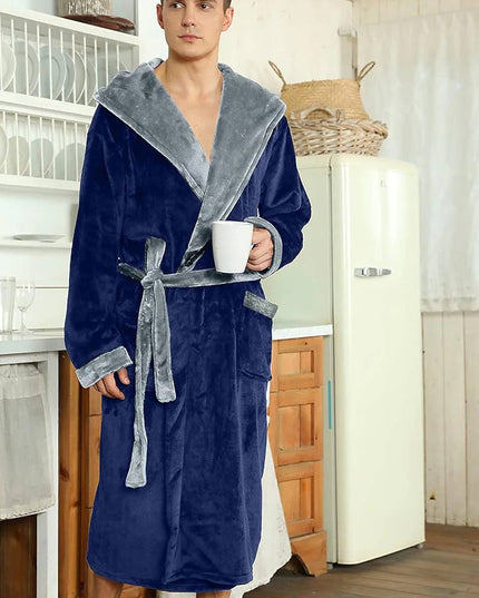 Men's Hooded Plush Dressing Gown with Patch Pockets
