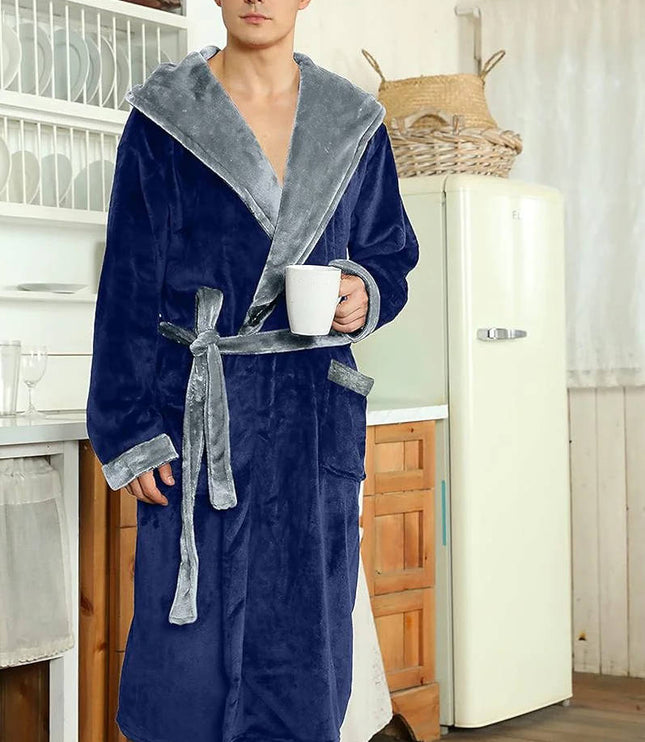 Men's Hooded Plush Dressing Gown with Patch Pockets