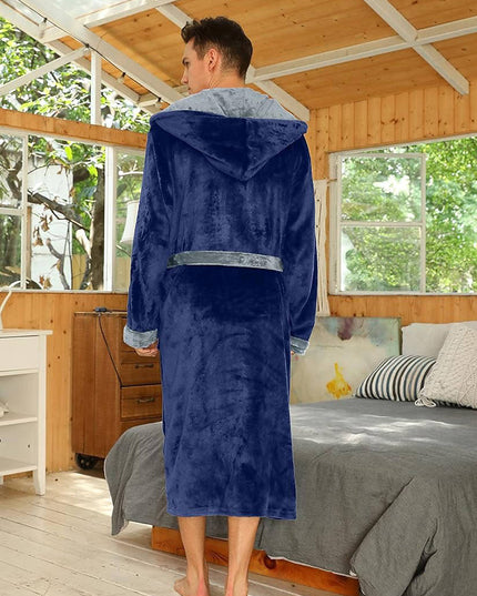 Men's Hooded Plush Dressing Gown with Patch Pockets