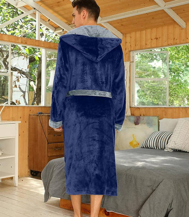 Men's Hooded Plush Dressing Gown with Patch Pockets