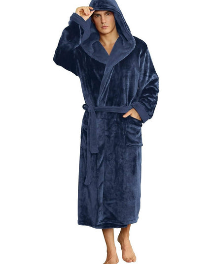 Men's Hooded Plush Dressing Gown with Patch Pockets