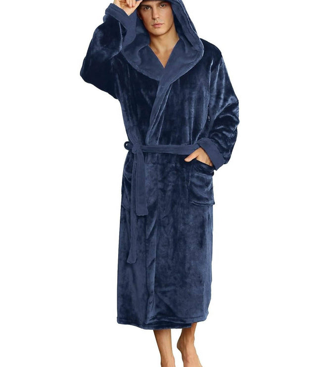 Men's Hooded Plush Dressing Gown with Patch Pockets