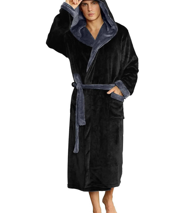 Men's Hooded Plush Dressing Gown with Patch Pockets