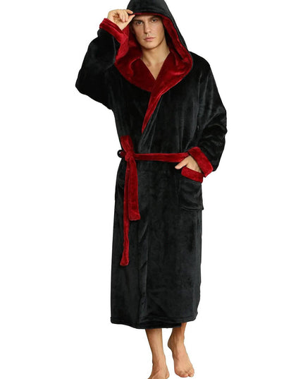 Men's Hooded Plush Dressing Gown with Patch Pockets