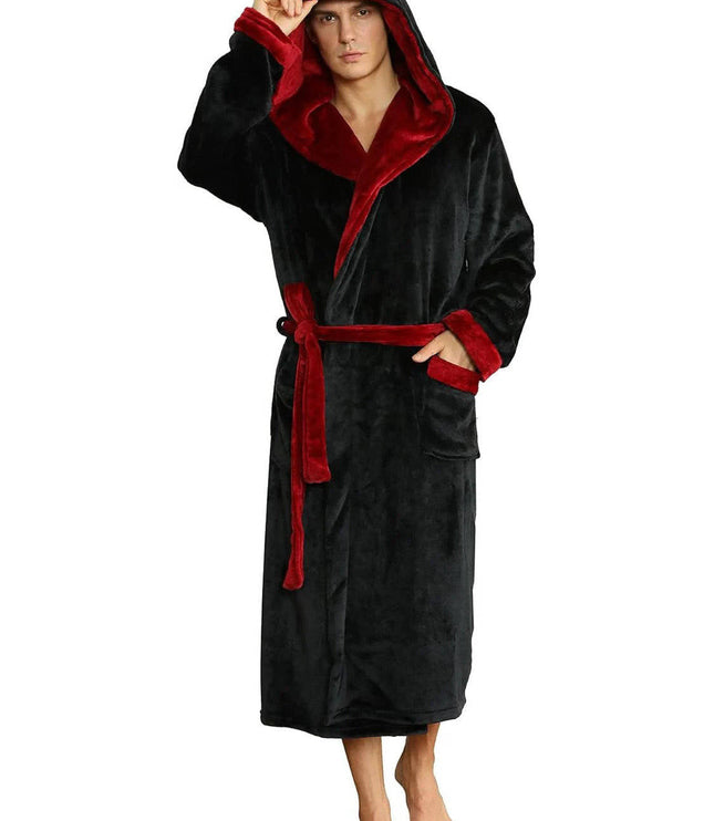 Men's Hooded Plush Dressing Gown with Patch Pockets