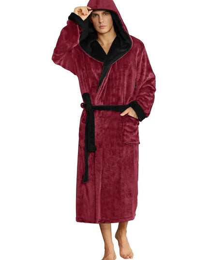 Men's Hooded Plush Dressing Gown with Patch Pockets