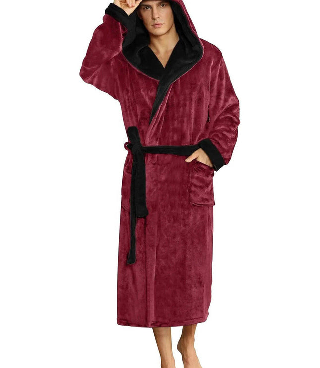 Men's Hooded Plush Dressing Gown with Patch Pockets