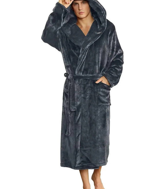 Men's Hooded Plush Dressing Gown with Patch Pockets