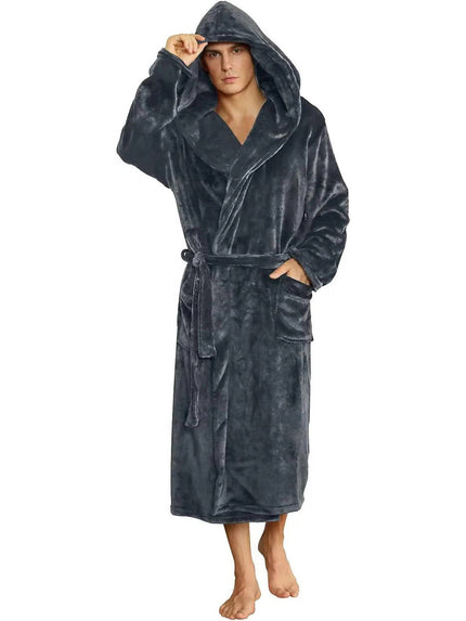 Men's Hooded Plush Dressing Gown with Patch Pockets