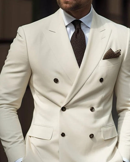 Ivory double-breasted wedding suit front view with pocket details