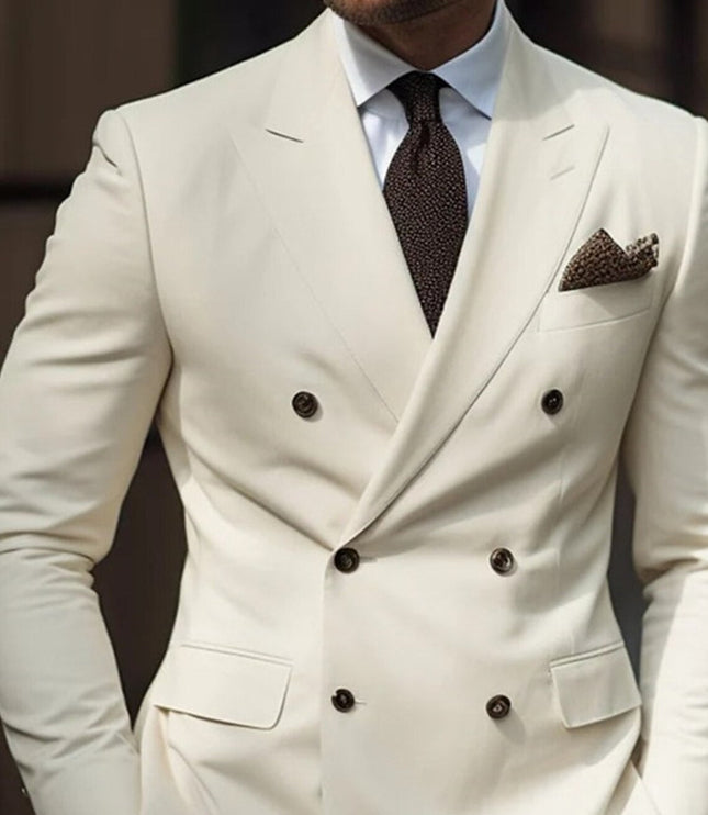 Ivory double-breasted wedding suit front view with pocket details