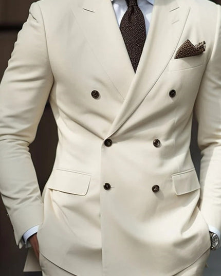 Cream ivory formal suit jacket with six black buttons and flap pockets