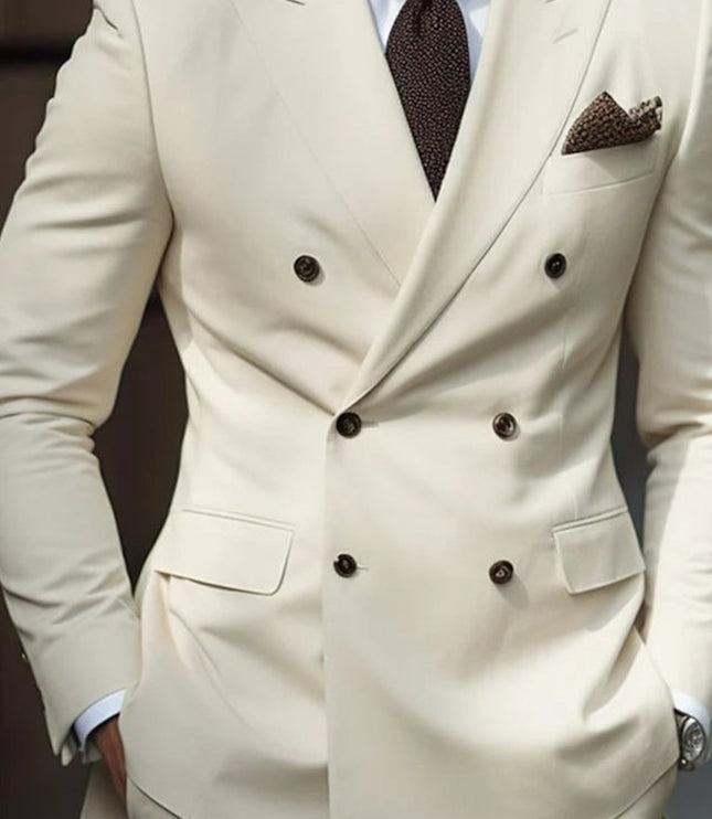 Cream ivory formal suit jacket with six black buttons and flap pockets
