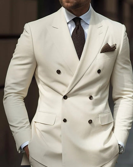 Double-breasted ivory formal suit with black buttons and notch lapels