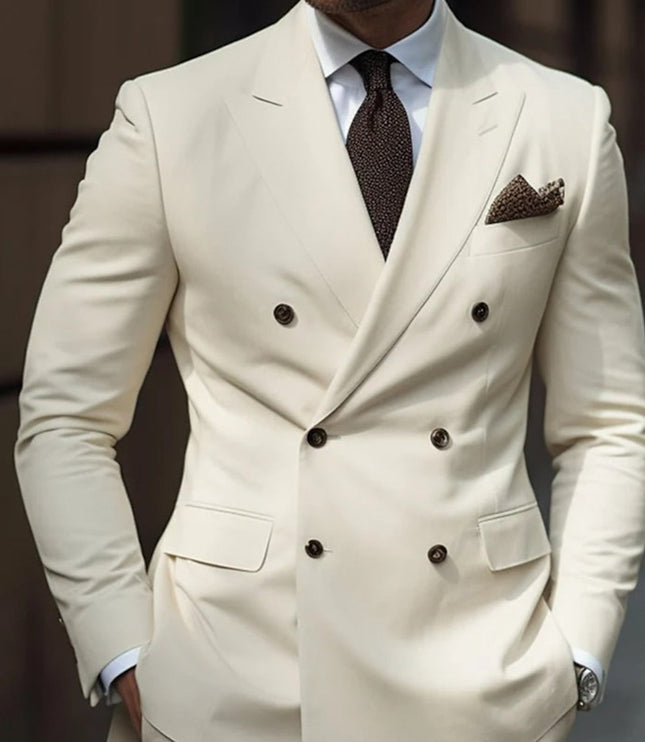 Double-breasted ivory formal suit with black buttons and notch lapels