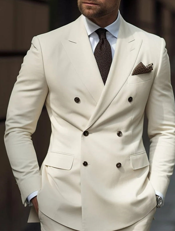 Double-breasted ivory formal suit with black buttons and notch lapels
