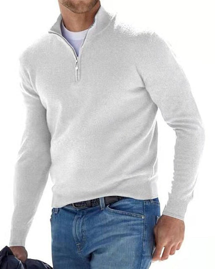 Men's Knitted Jumper with Half Zip and Stand Collar