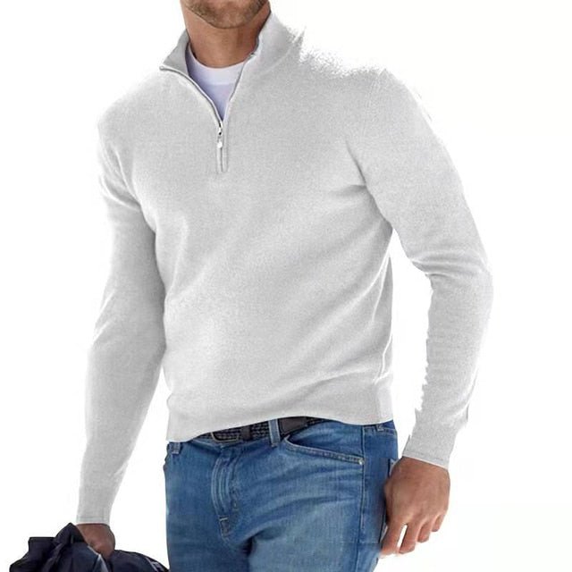 Men's Knitted Jumper with Half Zip and Stand Collar
