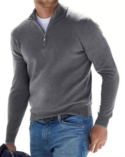 Men's Knitted Jumper with Half Zip and Stand Collar