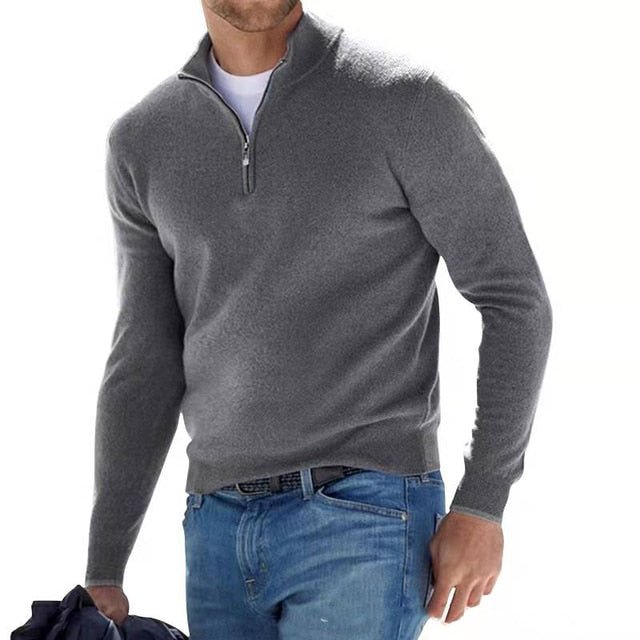 Men's Knitted Jumper with Half Zip and Stand Collar