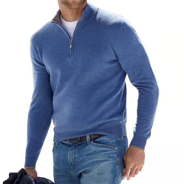 Men's Knitted Jumper with Half Zip and Stand Collar