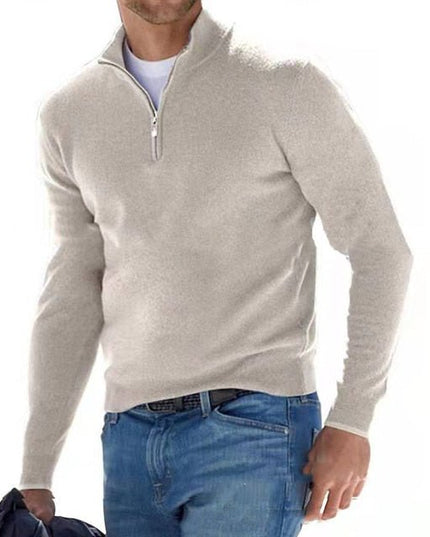 Men's Knitted Jumper with Half Zip and Stand Collar
