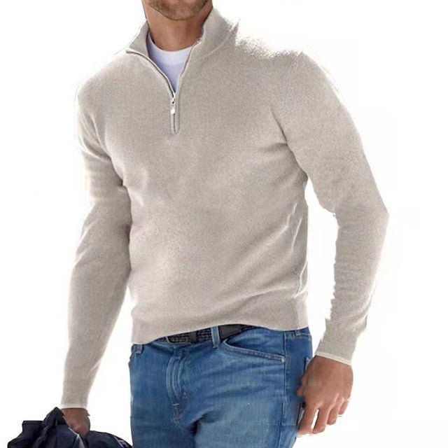 Men's Knitted Jumper with Half Zip and Stand Collar