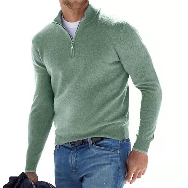 Men's Knitted Jumper with Half Zip and Stand Collar
